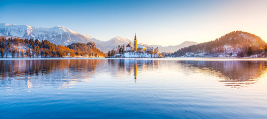 Lake Bled with Bled Island and Castle at sunrise in winter, Slovenia