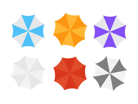 Beach Sun Umbrellas Top View Vector Icons. Set Of Parasol With Colored Striped Pattern Illustration