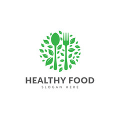 Healthy food logo template vector design with spoons, forks and green leaves, emblem logo or icon