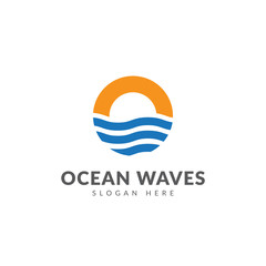 Ocean wave logo template vector design with sun and wave