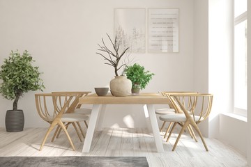 White modern dinner room. Scandinavian interior design. 3D illustration