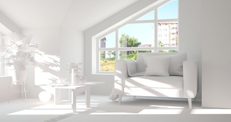 White room with armchair and green landscape in window. Scandinavian interior design. 3D illustration