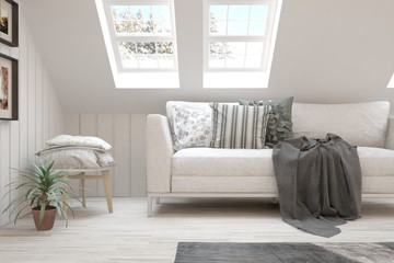 Idea of white minimalist room with sofa. Scandinavian interior design. 3D illustration