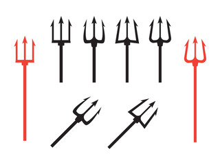 Black trident silhouette. Pitchfork weapon sharp vector illustration