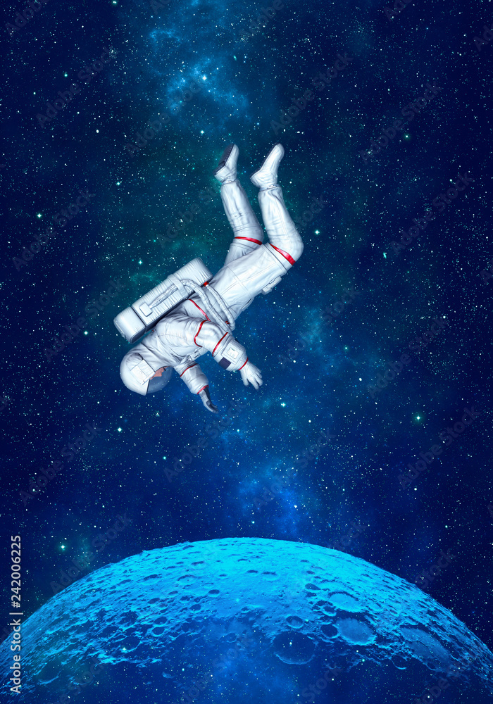 Sticker astronaut floating in space above moon. 3d rendering.