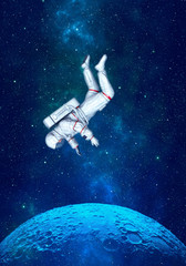 Obraz na płótnie Canvas Astronaut floating in space above moon. 3D rendering.