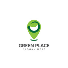 Green place logo, green place location logo or icon vector design template, with map pin and green leaves