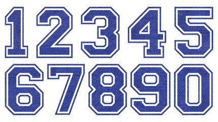 set of denim blue indigo jeans numbers font texture pattern isolated on white background