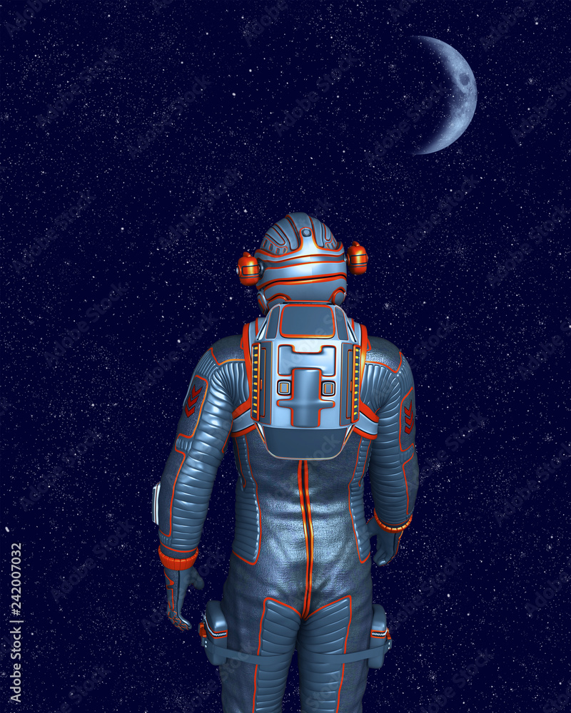 Wall mural astronaut standing and looking at moon and outer space. 3d rendering.