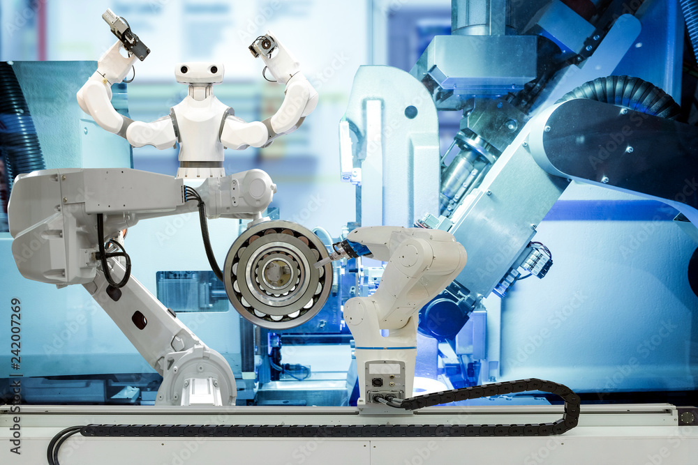 Poster industrial robotic gripping and smart robot working on smart factory, on machine blue tone color bac