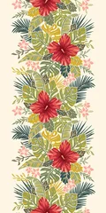 Tuinposter Retro Bold Colorful Tropical Exotic Foliage, Hibiscus Floral Vertical Vector Seamless Border © Anna Putina