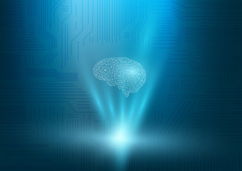 Hologram of an Artificial Intelligence brain is displaying on circuit board as backdrop. Futuristic design concept. Abstract digital and technology background. Vector Illustration.