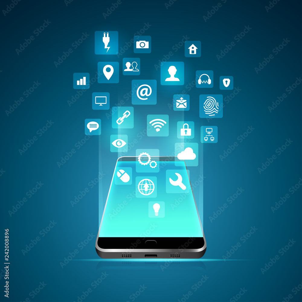 Aufkleber concept of mobile application technology, graphic of realistic cellphone with technology icons