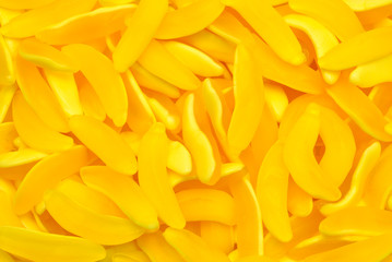 Yellow banana gummy candies. Top view. Jelly  sweets.
