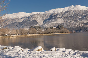 snow in  the lake Pamvotis of Ioannina city winter in Greece