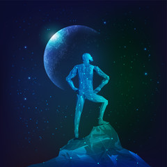 concept of success or achievement, low poly man standing on the top of mountain with outer space background
