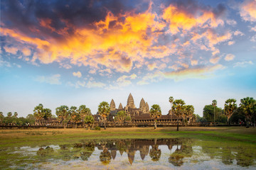 Angkor Wat and reflecting lake in sunset, Siem Reap, Cambodia