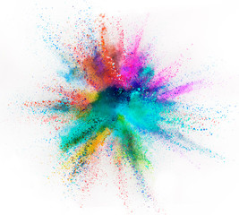 Explosion of colored powder on white background