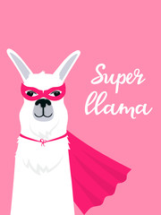 Lama in super hero costume vertical banner with hand drawn lettering.