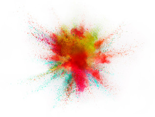 Explosion of colored powder on white background
