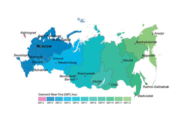 Map of time zones by Russia. GMT.UTC