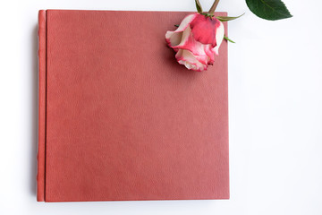 Red leather covered wedding book or wedding album lie on white background, one rose lie on weding book.
