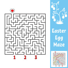 Black square labyrinth. Kids worksheets. Activity page. Game puzzle for children. Easter, egg, holiday. Find the right path to the heart. Maze conundrum. Vector illustration. With answer.