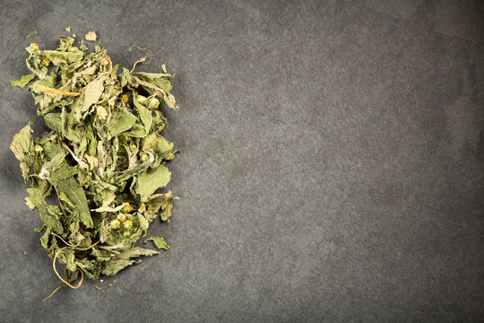 Dry dehydrated leaves of guasca - Galinsoga parviflora. Top view