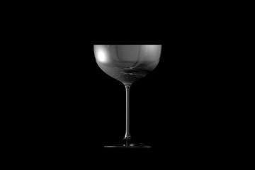 3D illustration of coupe sparkling wine glass isolated on black side view - drinking glass render