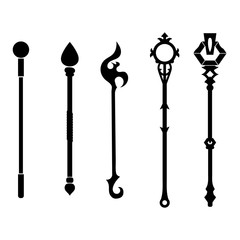 Set of Staff Icons isolated on white background. Magic Weapon. Vector Illustration for Your Design, Game, Card, Web.