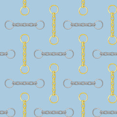 Seamless gold and silver color chain pattern on light blue background.