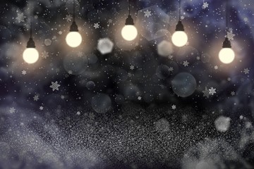 Fototapeta na wymiar beautiful glossy glitter lights defocused bokeh abstract background with light bulbs and falling snow flakes fly, celebratory mockup texture with blank space for your content