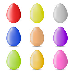 Set of Colorful Realistic Easter Eggs isolated on white background. Glossy Shiny Eggs. Vector Illustration for Your Design.