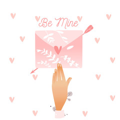 the envelope Be mine. Pink lover s letter with heart and women hand vector illustration