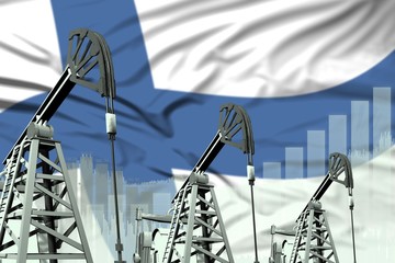 industrial illustration of oil wells - Finland oil industry concept on flag background. 3D Illustration