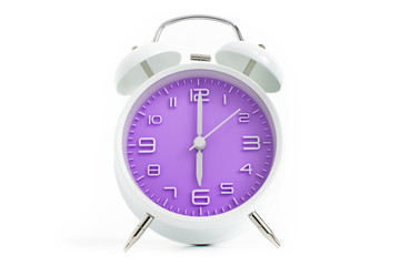 Twin bells analogue alarm clock with violet clock face shows six o’clock, 6 AM PM; concept on white background - obrazy, fototapety, plakaty