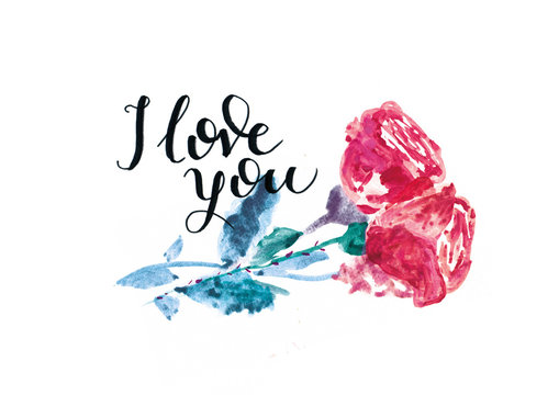 Kalligrafie mit aquarelle Blumen zum Valentinstag und Verlobung.