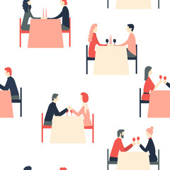 Happy Valentine's Day. Romantic dinner. Happy couples sitting at restaurant table. Vector  seamless pattern