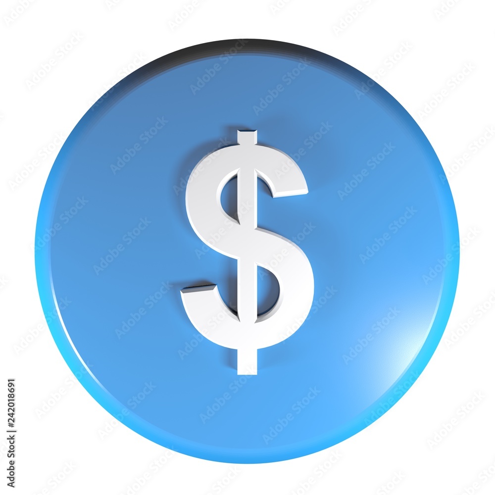 Poster blue circle push button dollar currency symbol - 3d rendering illustration