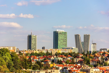 Fototapeta na wymiar Prague skyline with skyscrapers and oild buildings