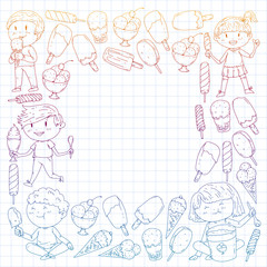 Small children eating ice cream. Sweet strawberry candy for kids. Tasty vanilla, orange, kiwi dessert.