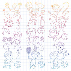 Children sport competitions. Young atheles playing soccer, football, baseball, basketball. Boys and girls running. Images of rhythic gymnastics, figure skating.