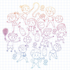 Children sport competitions. Young atheles playing soccer, football, baseball, basketball. Boys and girls running. Images of rhythic gymnastics, figure skating.