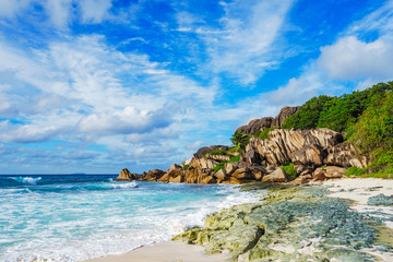 Fototapeta na wymiar paradise beach on the seychelles, grand anse, la digue 9