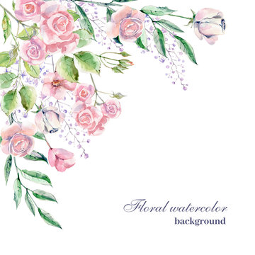 Fototapeta Watercolor background for wedding or romantic design. Floral com
