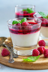 Vanilla Panna cotta with raspberry sauce and mint.