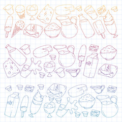 Dairy products. Doodle icons. Diet, breakfast. Milk, yogurt, cheese, ice cream, butter. Eat fresh healthy food and be happy.