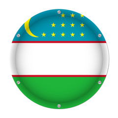 Fototapeta premium round metallic flag of Uzbekistan with screws