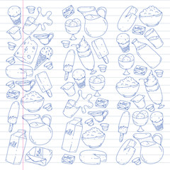 Dairy products. Doodle icons. Diet, breakfast. Milk, yogurt, cheese, ice cream, butter. Eat fresh healthy food and be happy.