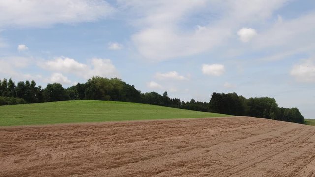 Aerial view of a tractor mowing a green fresh grass field on a sunny day.
